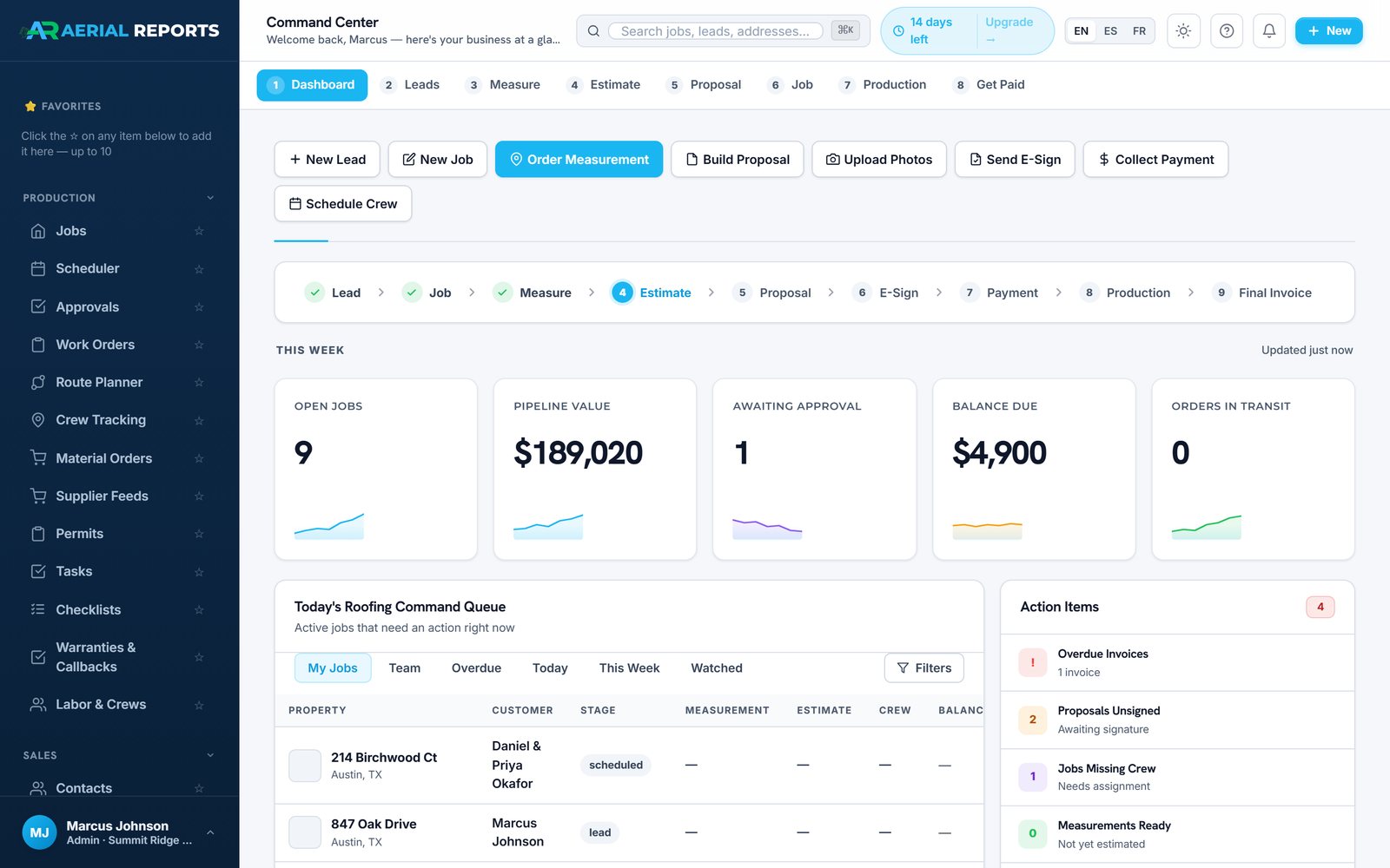 AerialReports Command Center dashboard with the nine-step workflow from lead to final invoice, quick actions, and the roofing command queue