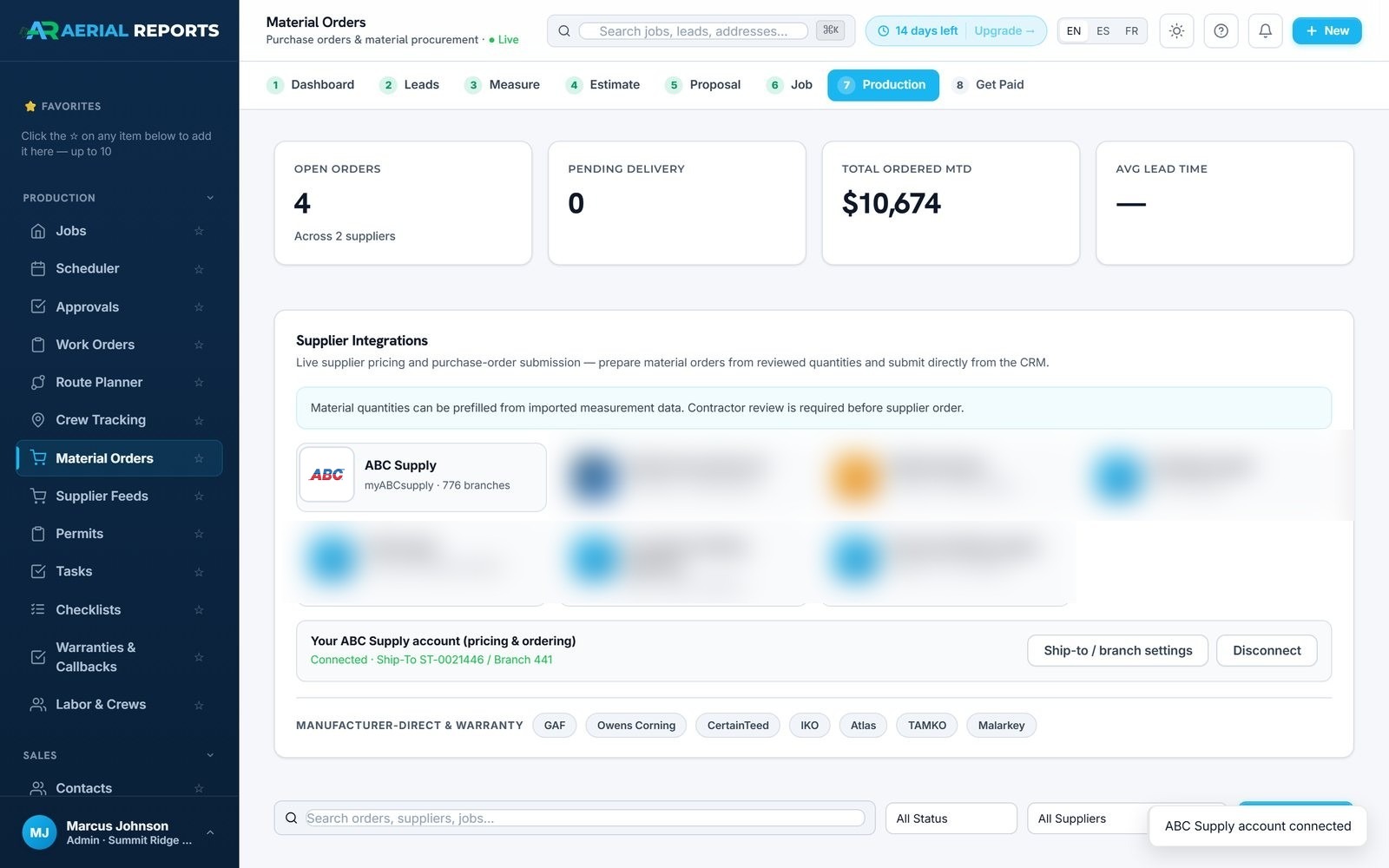 Supplier Integrations screen with the ABC Supply account connected, showing ship-to and branch