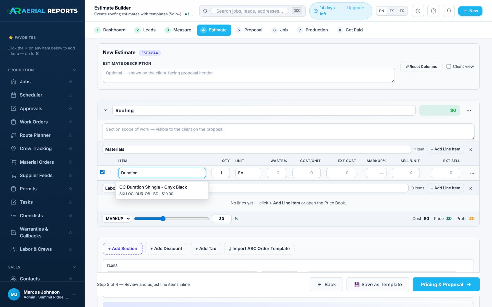 Estimate Builder line item showing a live ABC Supply catalog match with SKU, unit and branch price