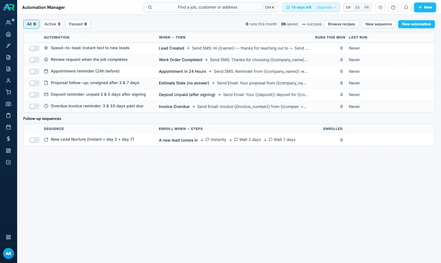 AerialReports CRM Automation Manager listing speed-to-lead text, review request, appointment reminder, proposal follow-up, deposit reminder and overdue invoice automations, plus a new lead follow-up sequence