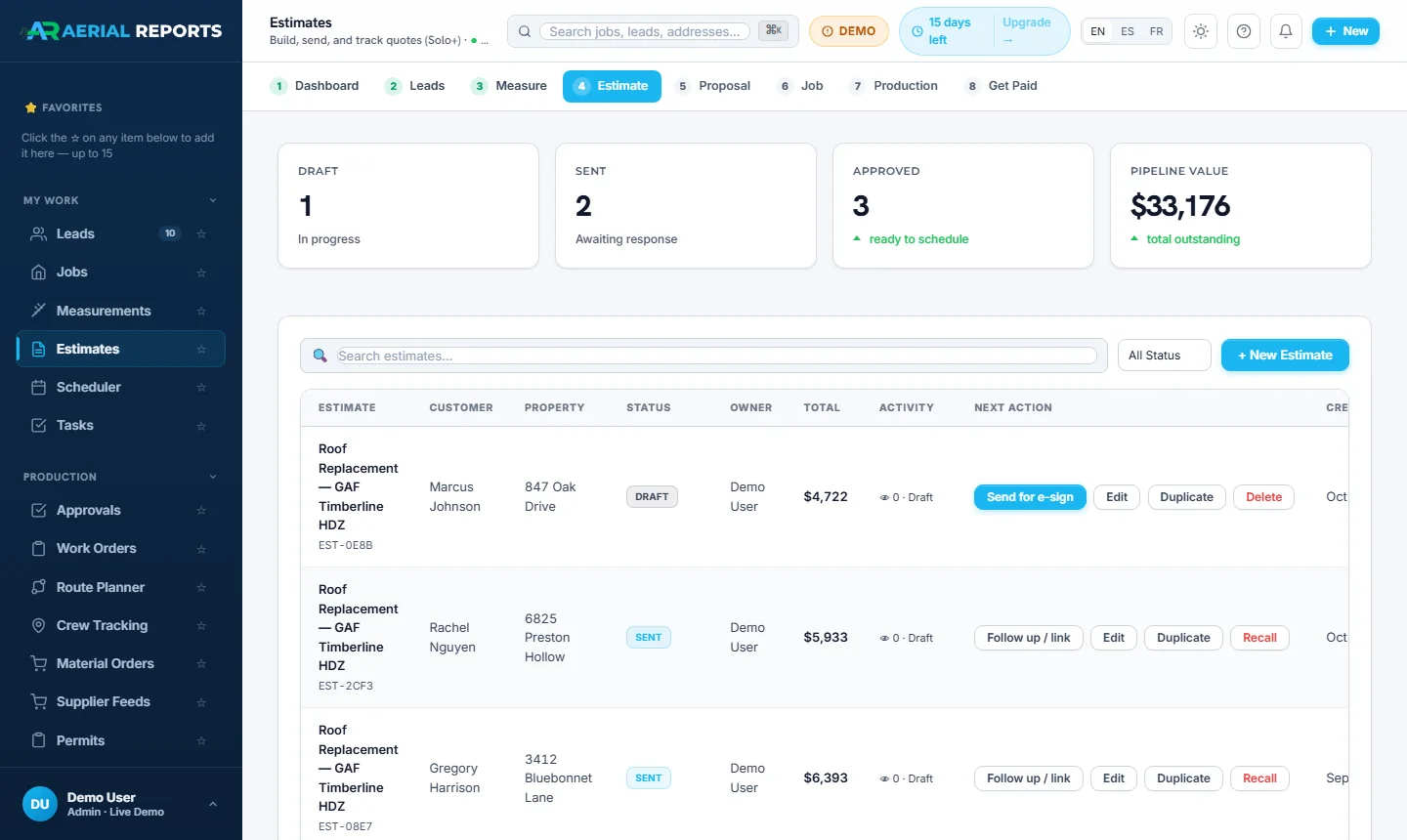 AerialReports CRM Estimates page listing roof replacement estimates with draft and sent status, totals, and Send for e-sign, Follow up, Edit and Recall buttons