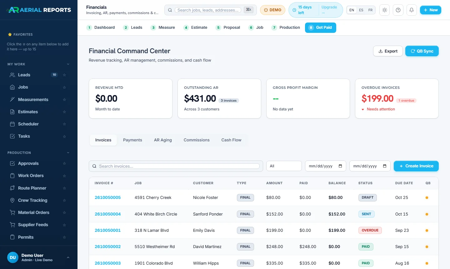 AerialReports CRM Financial Command Center showing revenue, outstanding AR, overdue invoices and an invoice table with paid, sent, draft and overdue statuses