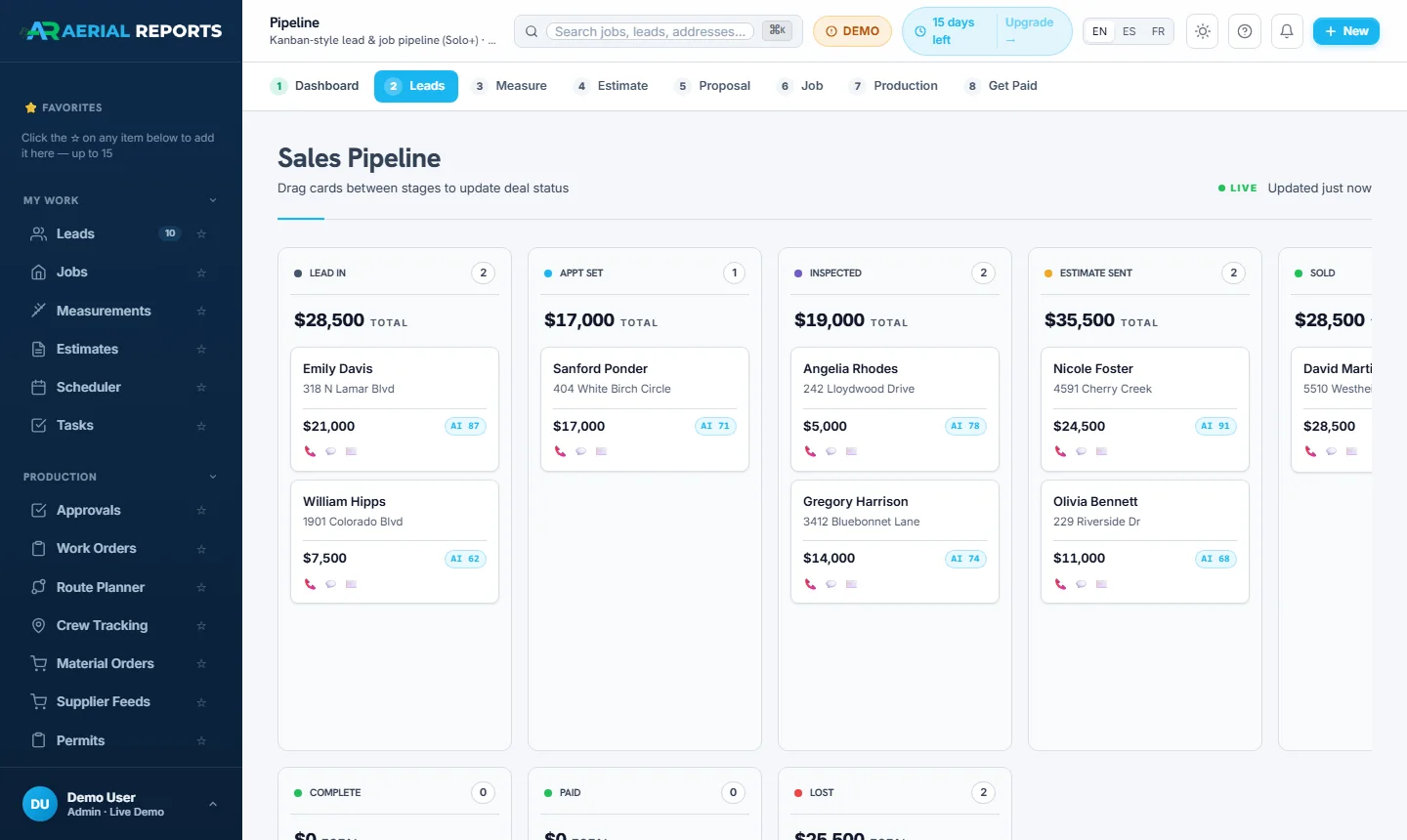 AerialReports CRM sales pipeline: a kanban board with Lead In, Appt Set, Inspected, Estimate Sent and Sold columns, each showing dollar totals and job cards with an AI lead score